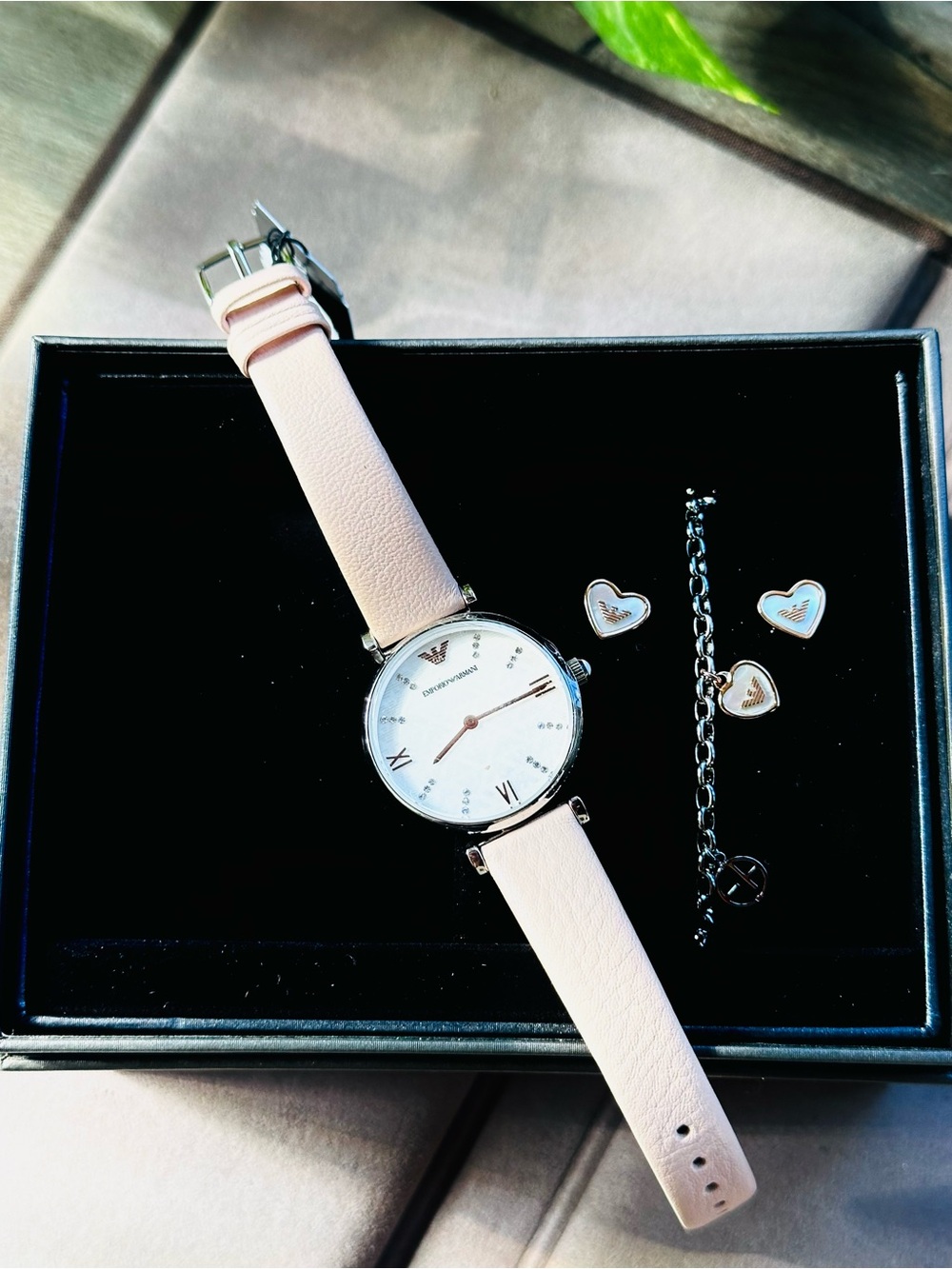Emporio Armani Pink Leather Watch Gift Set – Heart Charm Bracelet & Earrings